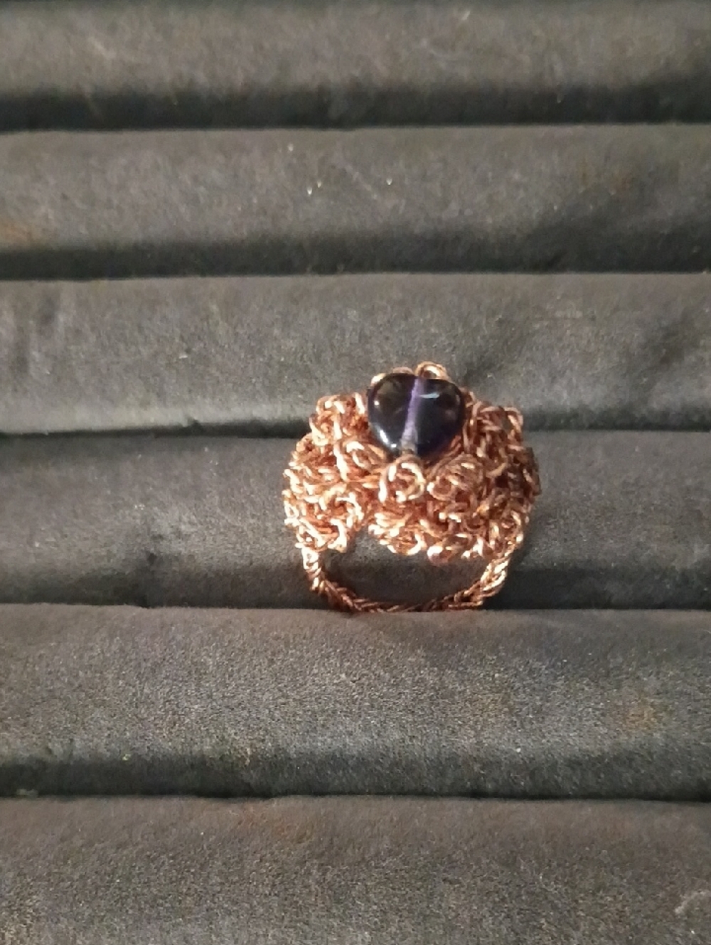 Handmade Copper Wire Ring with Dark Purple Heart Stone